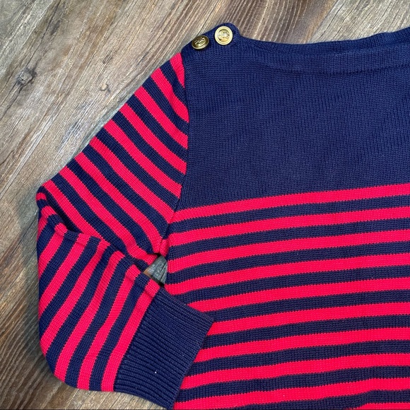 Ralph Lauren Sweater Striped Gold Buttons Nautical Crest Red Navy Blue Sz L - Picture 6 of 10